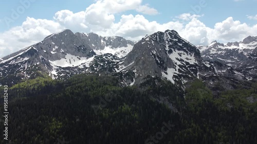 Wallpaper Mural Scenic Aerial View of Snow Capped Mountain Peaks and Pine Forest Torontodigital.ca