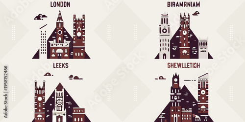 Geometric illustration depicting iconic buildings and locations in england