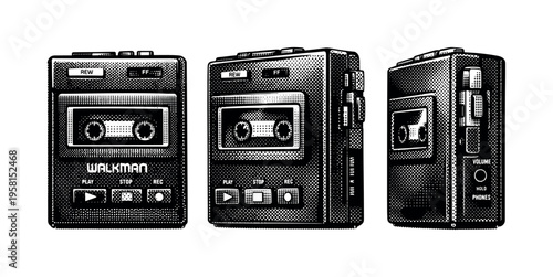 Walkman front panel ? A cassette Walkman front face shown as one object in three different orientations, concentrating on cassette window depth, button