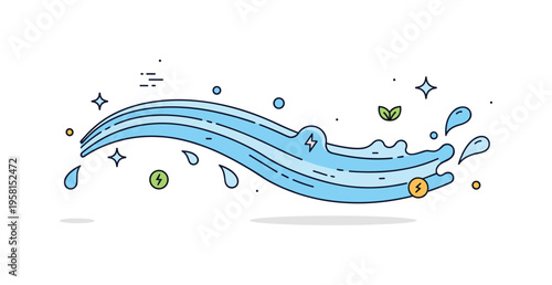 Flowing water freshness a stream of water forming soft curves with tiny droplets and sparkle icons suggesting purity, hydration and natural energy. Minimalist