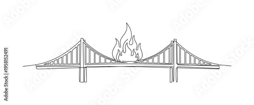 Bridge in Flames. Minimalistic one-line drawing bridge structure with stylized fire rising from the middle span, continuous single black line on