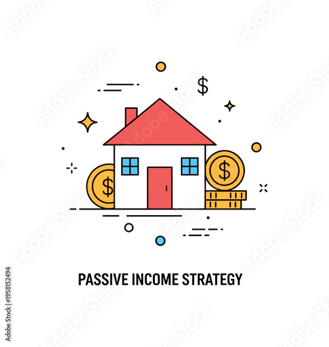 Passive income strategy simple house and dividend coin icons arranged into a balanced financial badge. A modern editorial illustration about building income