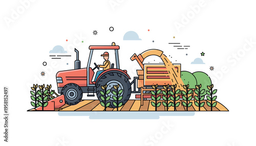 Tractor operator harvesting crops farmer driving a tractor with harvesting equipment while crops and field rows stretch into the distance. The scene highlights