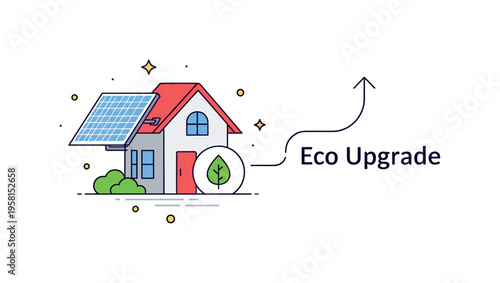 Energy efficient home upgrade showing a house with solar panel detail and a small leaf symbol. Subtle upward arrow and ?Eco Upgrade? caption express