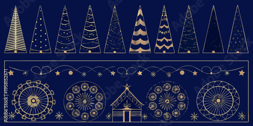 Golden christmas trees and festive decorations on a dark blue background