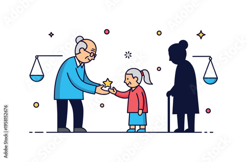 Passing down wisdom theme shown as an elderly figure handing a small star icon to a younger figure with a middle aged silhouette nearby, symbolizing mentorship