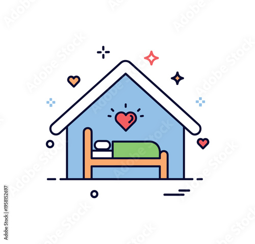 Homeless shelter assistance illustrated by a simple bed icon inside a protective roof outline, accented by subtle heart details to symbolize safety and