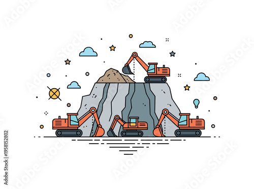 Mining site operations scene centered on a simplified quarry with multiple machine silhouettes working together, expressing large scale coordination and