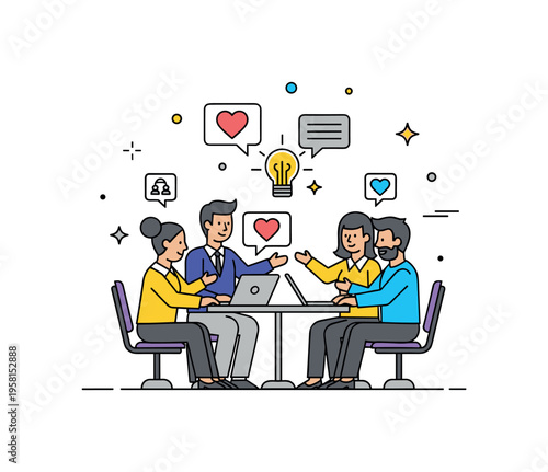 Positive workplace culture team members gathered around a small table sharing ideas while heart and sparkle icons highlight collaboration and satisfaction. The