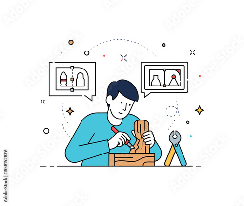 Workshop creativity concept centered on a person carving a simple wooden form, while subtle dotted lines indicate design sketches floating nearby. The compact