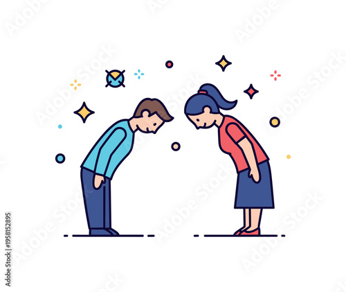 Civility and polite behavior two characters slightly bowing to each other while small decorative sparkles express appreciation, gratitude and respectful