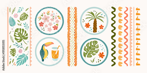 Tropical themed illustrations and patterns arranged in a grid layout