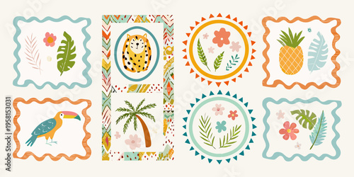 Tropical botanical illustrations arranged in decorative colorful frame designs