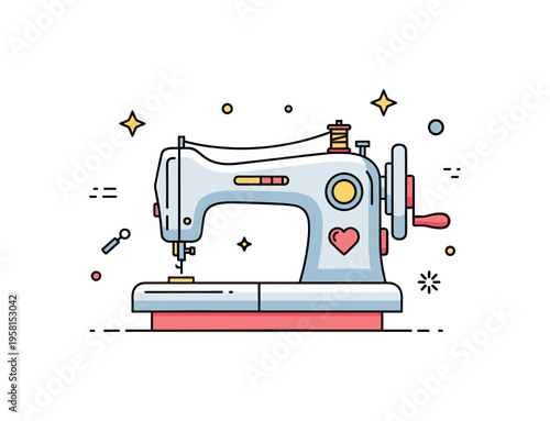 Vintage sewing tradition retro style sewing machine with subtle ornamental lines and a small heart accent. A nostalgic badge style illustration honoring