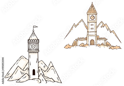 Hand-Drawn Fantasy Clock Towers on Mountains Vector Illustration Set - Whimsical Castle & Fortress Architecture Graphics