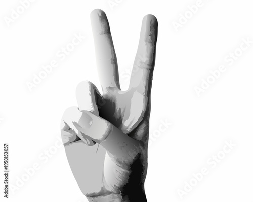 A grayscale illustration depicts a hand presenting the peace sign