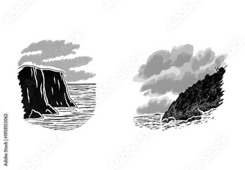 Hand Drawn Coastal Cliffs and Ocean Waves Illustration Set Minimal Ink Landscape