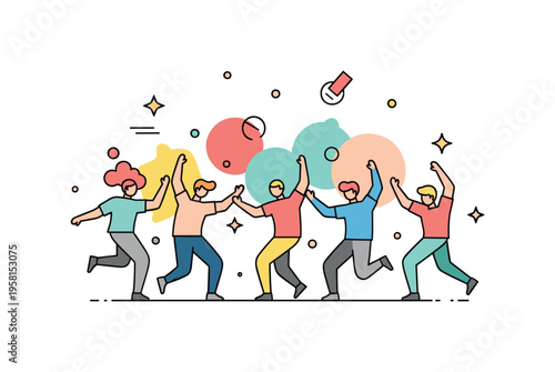 A group of abstract figures dancing around colorful shapes, evoking joy, rhythm, and energetic expression in a minimalist style. Minimalist flat vector