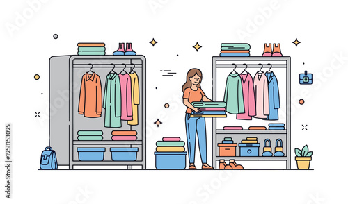 Organizing closets and folding clothes in bright daylight, capturing satisfaction, productivity, and decluttering during spring cleaning. Minimalist flat