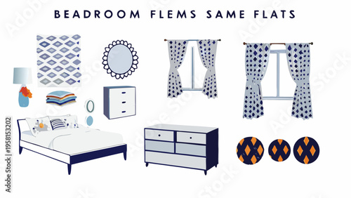 Bedroom interior design elements bed dresser curtains and decorative accents