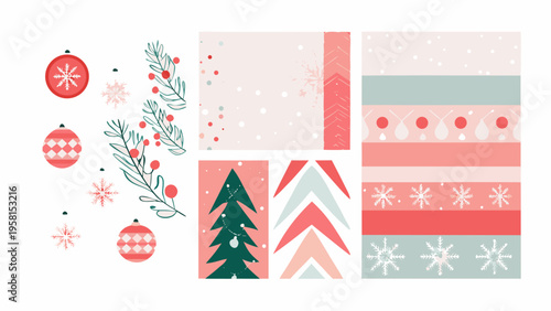 Festive christmas patterns and ornaments arranged in a colorful composition