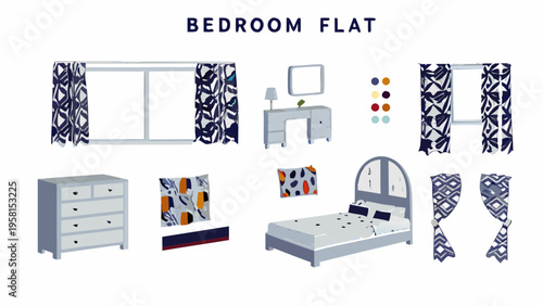 A minimalist bedroom flat layout with furniture and patterned textiles