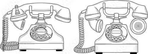 Vintage rotary dial telephone set, old-fashioned classic design, corded handset, retro communication device, detailed line art, nostalgic technology illustration, 