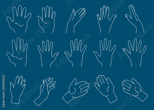 Collection of white line drawing hands in various gestures and positions