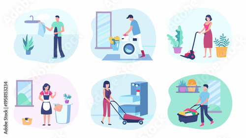 People performing various household chores in a colorful illustrated style