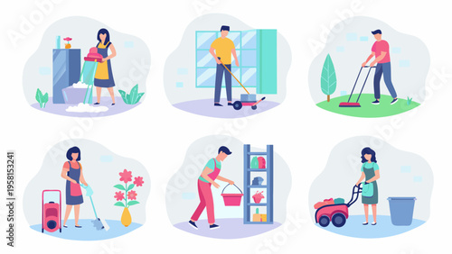 People performing various cleaning tasks indoors and outdoors illustrated style