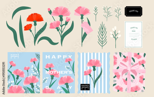 Pink carnations decoration set Mother's Day floral vector