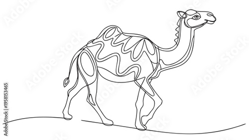 Stylized outline illustration of a walking camel against a white background