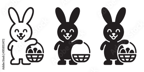 Cute Easter bunny icon with basket filled with eggs on white background vector illustration set
