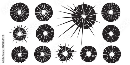 Black silhouette broken glass cracks and impact holes set on white