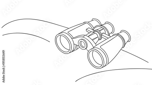 Binoculars on a simple curved line, suggesting exploration and observation