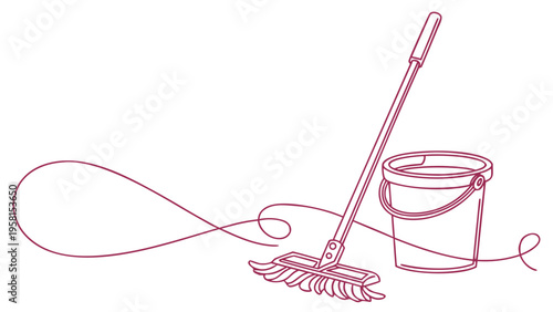 Simple line art illustration of a mop and bucket ready for cleaning