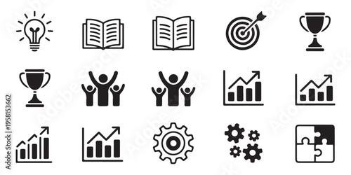 Business and education icon set including lightbulb book trophy target graph and gear symbols in black ink