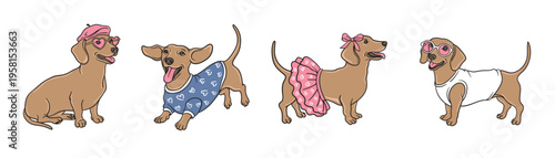 Cute dachshund dogs in Valentine's Day outfits set. Cartoon wiener dogs wearing pink beret, heart glasses, blue sweater with hearts, tutu skirt, and bow. Flat vector illustration
