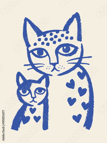 Cat with kitten naive hand drawn vector illustration