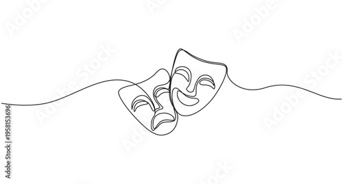Continuous Line Art of Comedy and Tragedy Theater Masks,Theater mask one line drawing, opera event symbols continuous hand drawn, theater humor smile mask one line continuous line art,