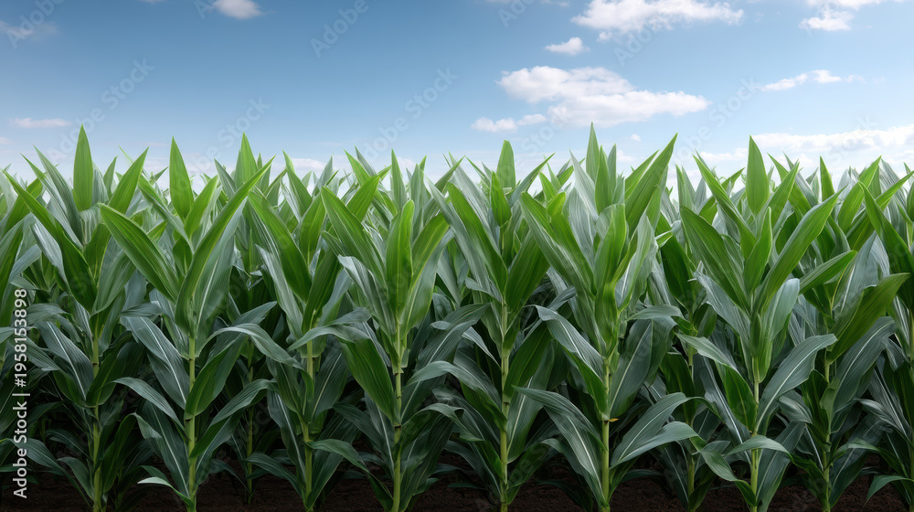 Naklejka premium Lush green corn field under blue sky with fluffy clouds, vibrant leaves, healthy growth, agricultural landscape, summer season