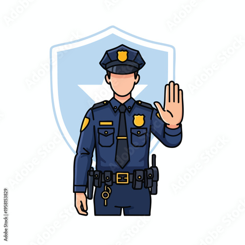 Minimalist illustration of a police officer with hand raised, signaling stop, against a shield