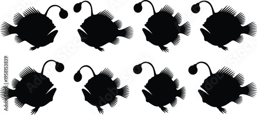 Anglerfish silhouette bundle. Deep sea fish vector collection with detailed fins, teeth, and lure shapes. Marine silhouettes isolated for ocean, wildlife, and graphic design use.