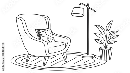 Cozy armchair with a floor lamp and potted plant, creating a relaxed reading nook.