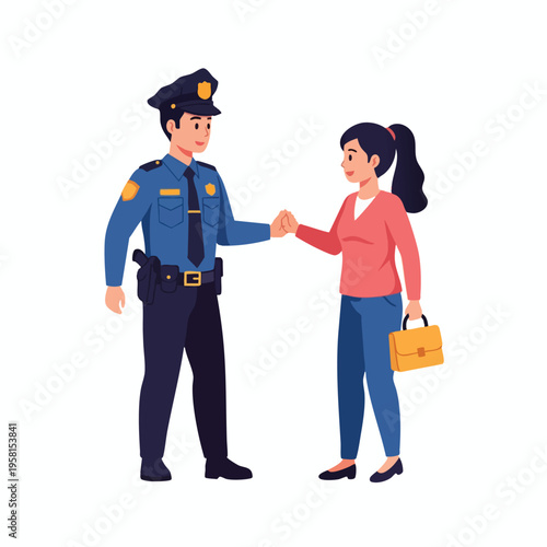 A friendly police officer and a woman exchange a fist bump