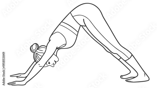 Woman in downward facing dog yoga pose, stretching and balancing