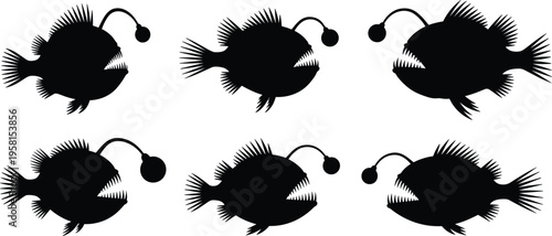 Anglerfish silhouette set. Deep sea fish vector collection with sharp teeth, spiky fins, and lure detail. Marine silhouettes isolated for wildlife, ocean, and graphic design use.