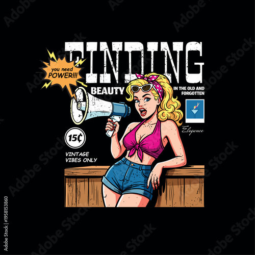 Retro pop art illustration of A young girls holding a megaphone, shouting with an expressive open mouth, poster art, vector