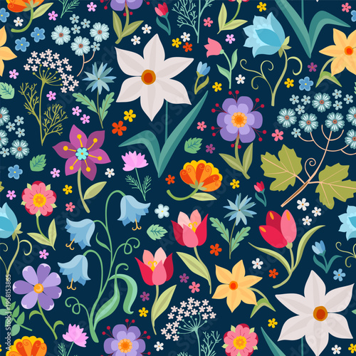 Seamless ditsy floral pattern with colorful spring flowers. Vector illustrati...