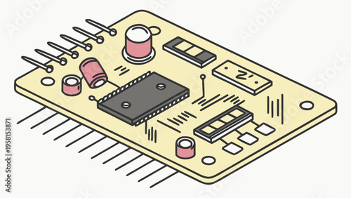 Close-up isometric view of a detailed electronic circuit board with various components.